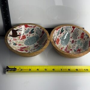 Set of‎ 2 Wood Bowls Christmas Reindeer Holly Gifts Pattern